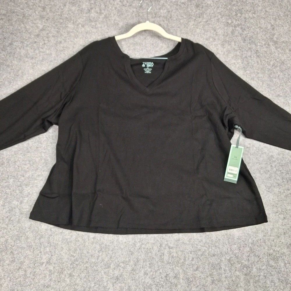 Terra & Sky Ribbed Notch Neck Tee Womens 3X Black Long Sleeve Plus Size Top